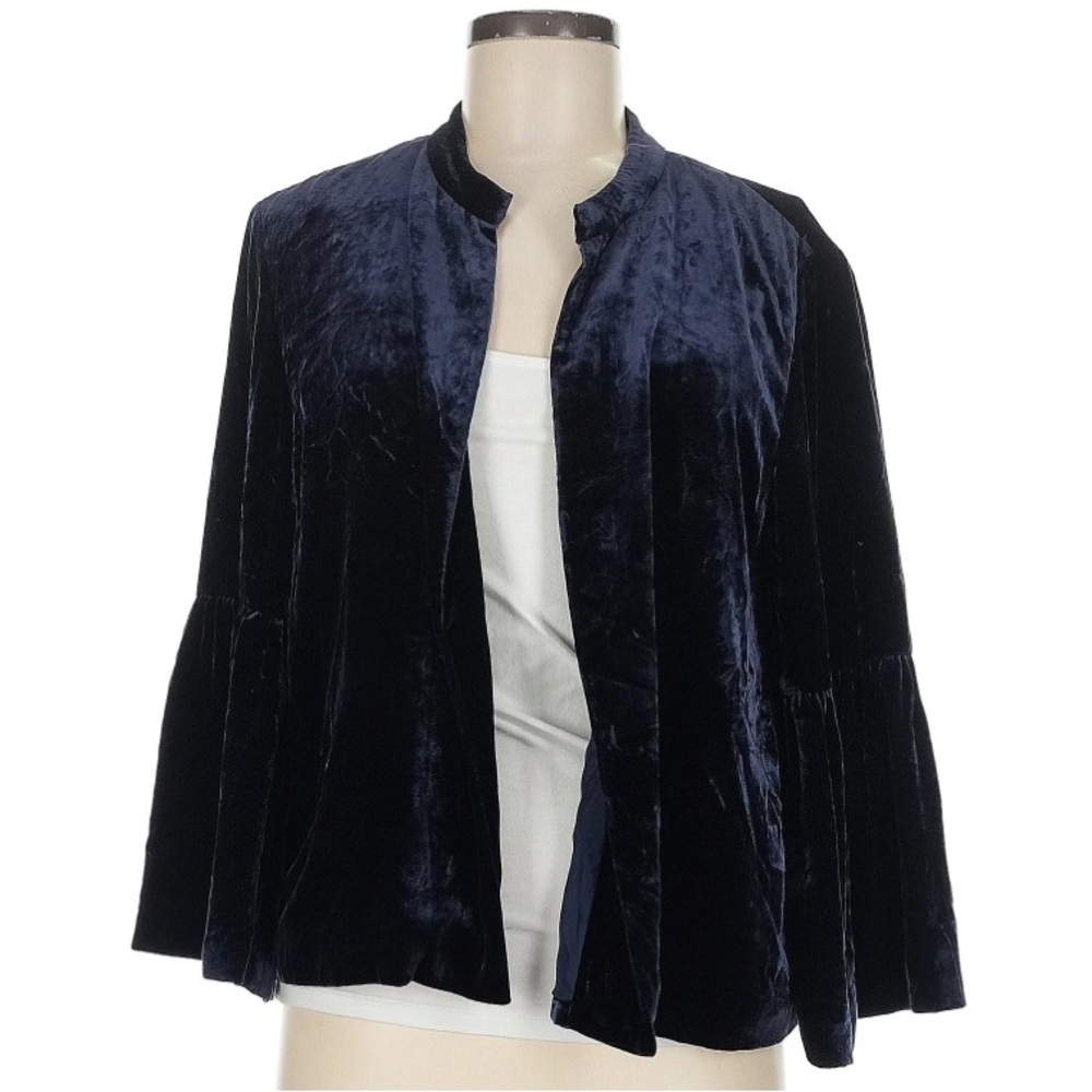 Eileen Fisher Velvet Open Front Cardigan Jacket Small Midnight Blue Bell Sleeve